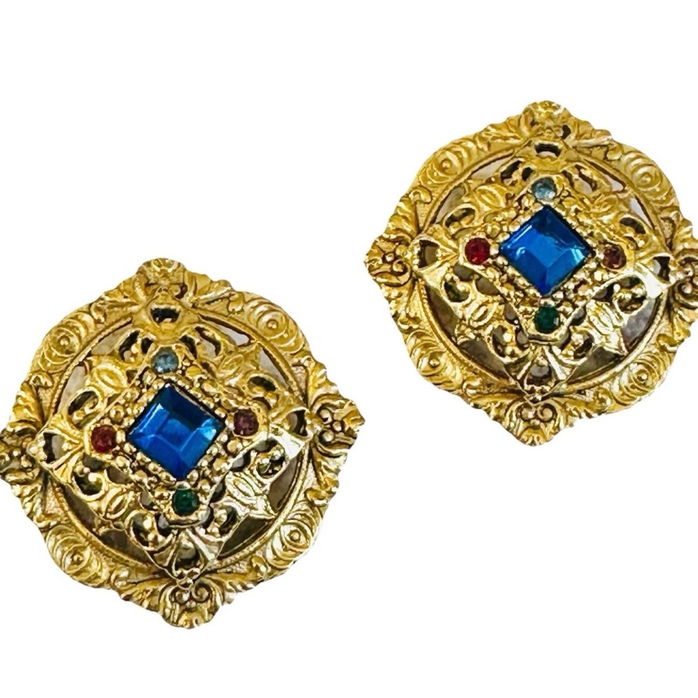 VTG Byzantine Filigree Statement Earrings-Ornate Gold Tone Baroque Ren Revival